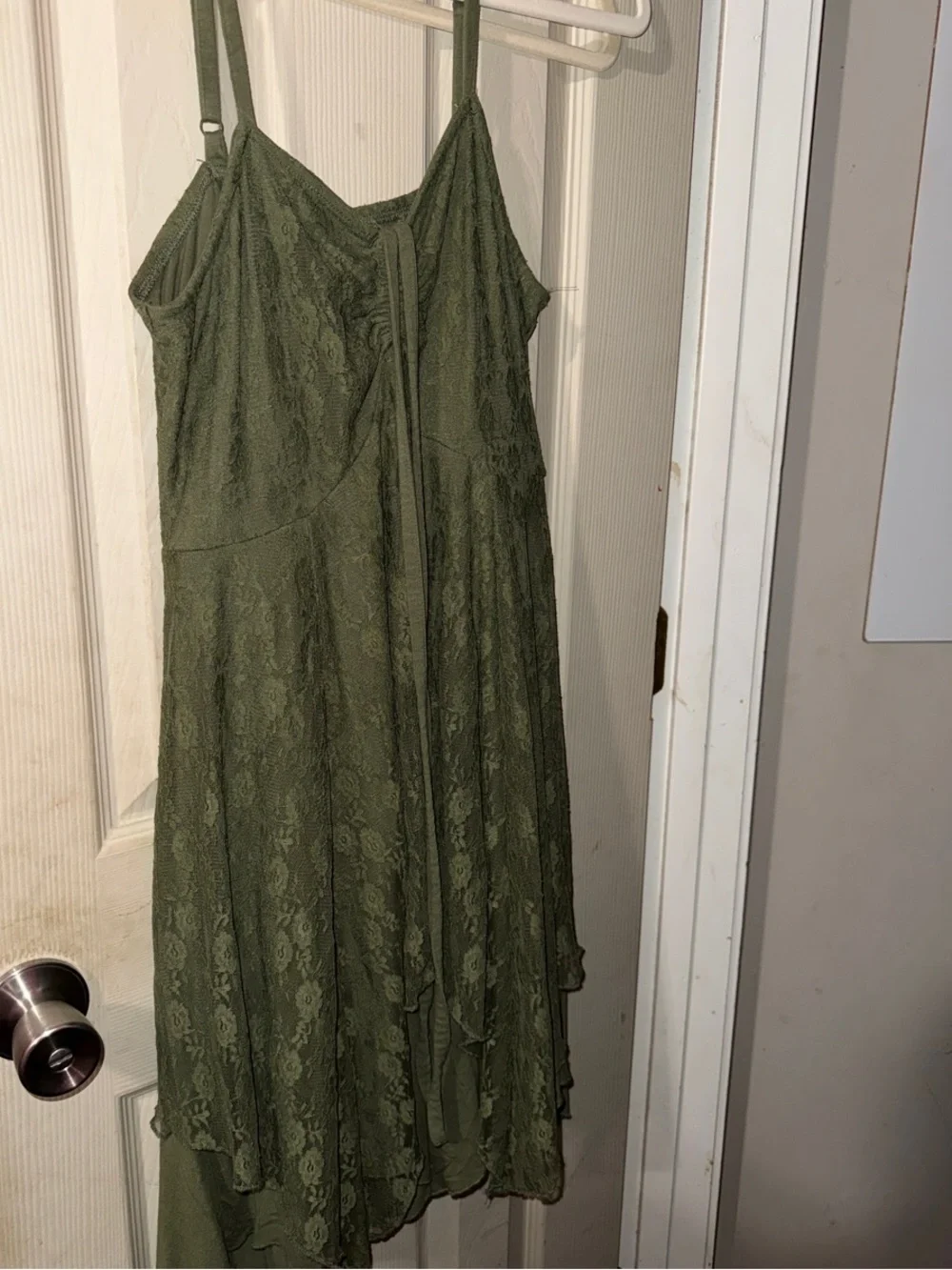 Olive Green Lace Asymmetrical Slip Dress with Spaghetti Straps - Picture 1 of 3